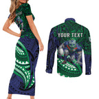 Personalised New Zealand Warriors Couples Matching Short Sleeve Bodycon Dress and Long Sleeve Button Shirt Polynesian Tribal Art Style With Fierce Warrior Mascot