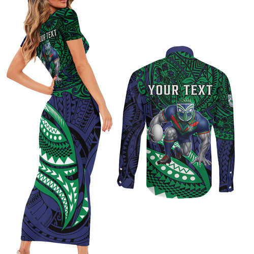 Personalised New Zealand Warriors Couples Matching Short Sleeve Bodycon Dress and Long Sleeve Button Shirt Polynesian Tribal Art Style With Fierce Warrior Mascot