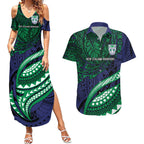 Personalised New Zealand Warriors Couples Matching Summer Maxi Dress and Hawaiian Shirt Polynesian Tribal Art Style With Fierce Warrior Mascot