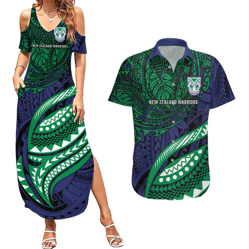 Personalised New Zealand Warriors Couples Matching Summer Maxi Dress and Hawaiian Shirt Polynesian Tribal Art Style With Fierce Warrior Mascot