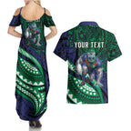Personalised New Zealand Warriors Couples Matching Summer Maxi Dress and Hawaiian Shirt Polynesian Tribal Art Style With Fierce Warrior Mascot