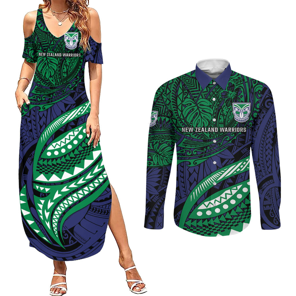 Personalised New Zealand Warriors Couples Matching Summer Maxi Dress and Long Sleeve Button Shirt Polynesian Tribal Art Style With Fierce Warrior Mascot