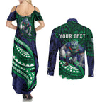 Personalised New Zealand Warriors Couples Matching Summer Maxi Dress and Long Sleeve Button Shirt Polynesian Tribal Art Style With Fierce Warrior Mascot