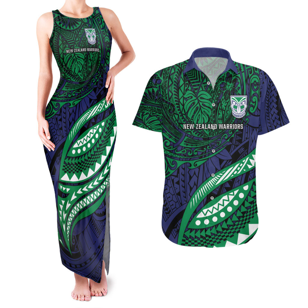Personalised New Zealand Warriors Couples Matching Tank Maxi Dress and Hawaiian Shirt Polynesian Tribal Art Style With Fierce Warrior Mascot
