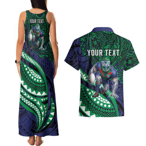 Personalised New Zealand Warriors Couples Matching Tank Maxi Dress and Hawaiian Shirt Polynesian Tribal Art Style With Fierce Warrior Mascot
