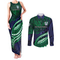 Personalised New Zealand Warriors Couples Matching Tank Maxi Dress and Long Sleeve Button Shirt Polynesian Tribal Art Style With Fierce Warrior Mascot