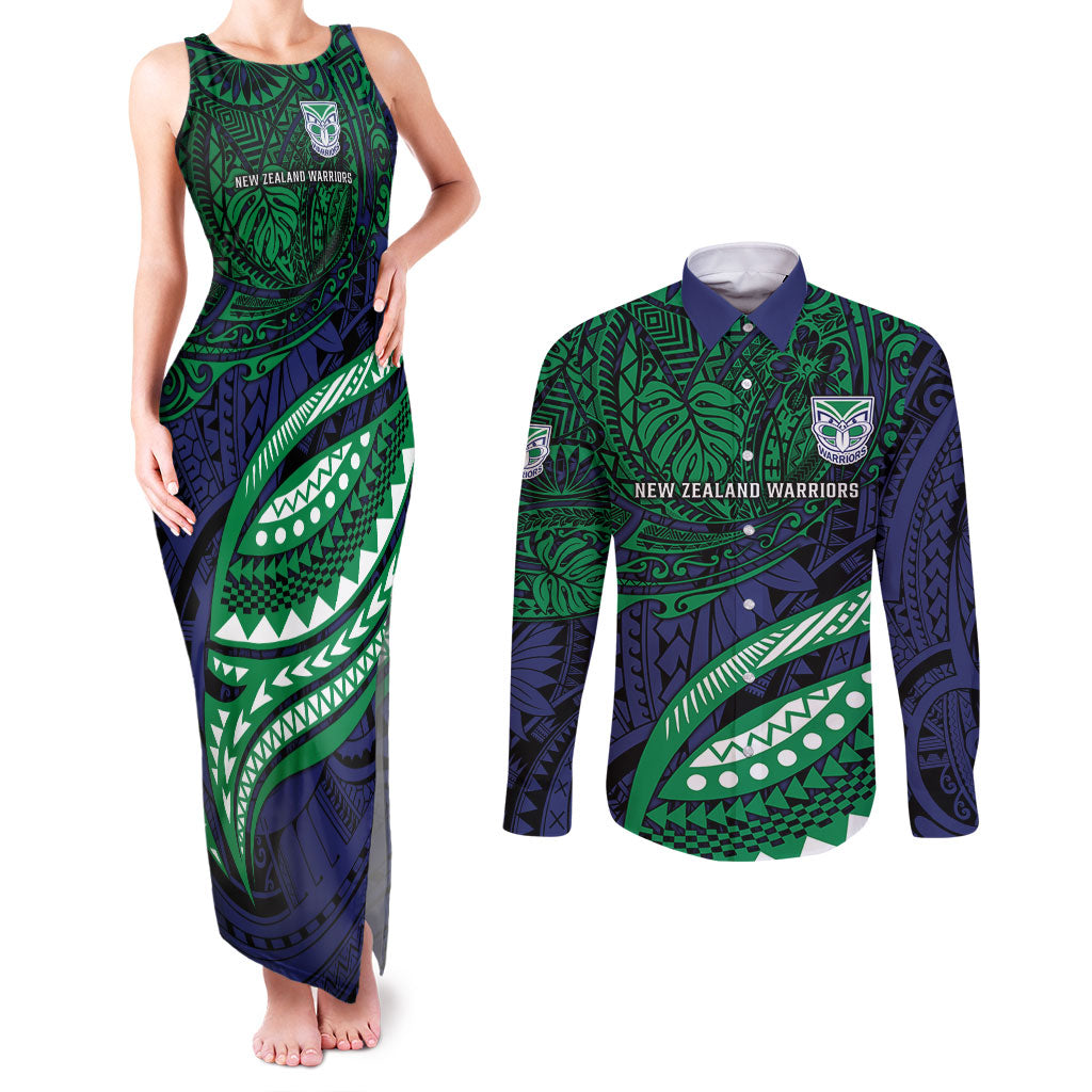 Personalised New Zealand Warriors Couples Matching Tank Maxi Dress and Long Sleeve Button Shirt Polynesian Tribal Art Style With Fierce Warrior Mascot