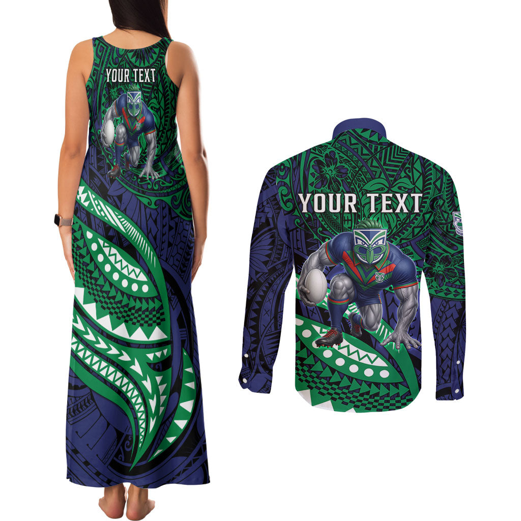 Personalised New Zealand Warriors Couples Matching Tank Maxi Dress and Long Sleeve Button Shirt Polynesian Tribal Art Style With Fierce Warrior Mascot