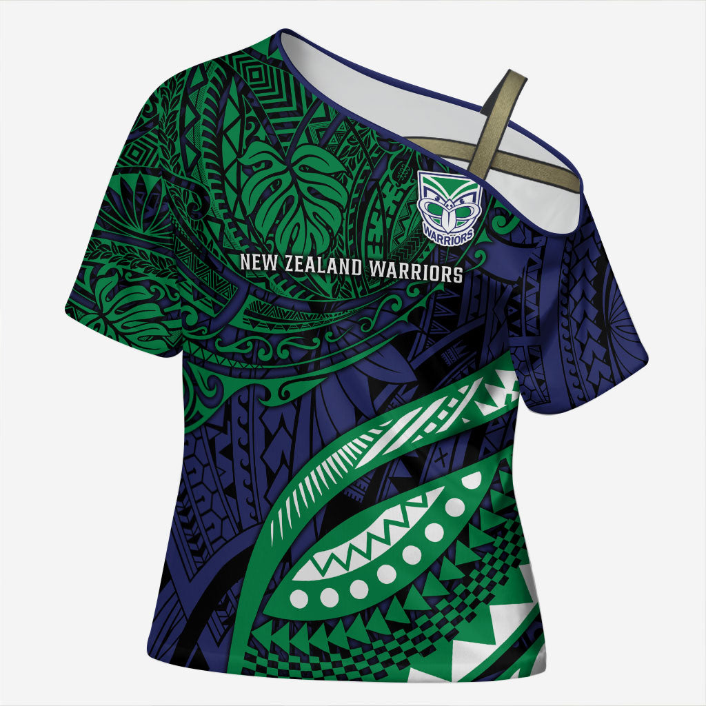 Personalised New Zealand Warriors Cross Shoulder Shirt Polynesian Tribal Art Style With Fierce Warrior Mascot