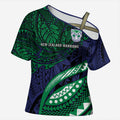 Personalised New Zealand Warriors Cross Shoulder Shirt Polynesian Tribal Art Style With Fierce Warrior Mascot