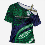 Personalised New Zealand Warriors Cross Shoulder Shirt Polynesian Tribal Art Style With Fierce Warrior Mascot
