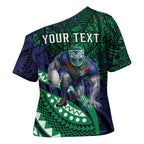 Personalised New Zealand Warriors Cross Shoulder Shirt Polynesian Tribal Art Style With Fierce Warrior Mascot