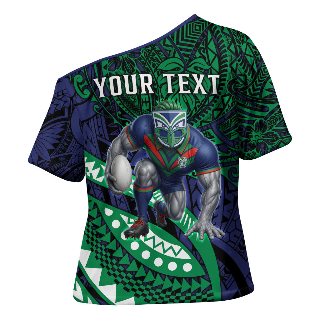 Personalised New Zealand Warriors Cross Shoulder Shirt Polynesian Tribal Art Style With Fierce Warrior Mascot