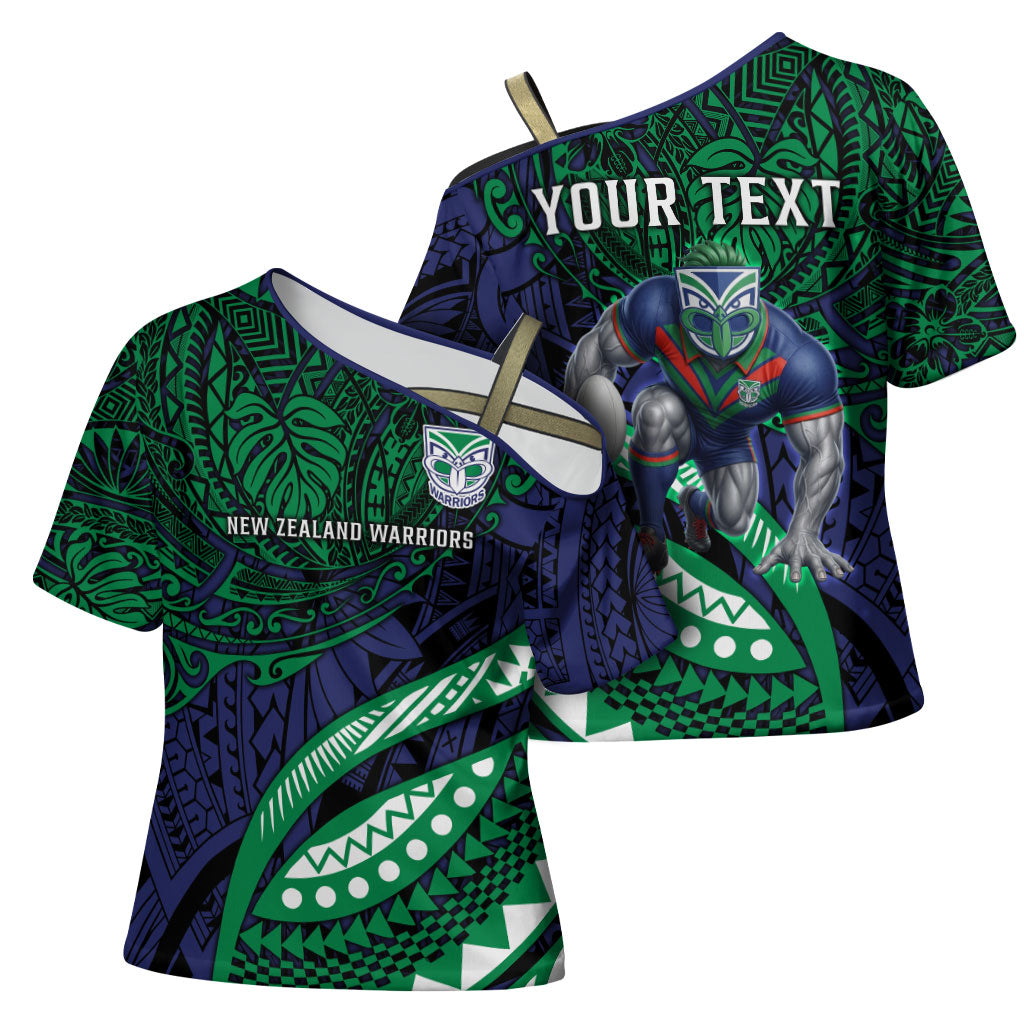 Personalised New Zealand Warriors Cross Shoulder Shirt Polynesian Tribal Art Style With Fierce Warrior Mascot