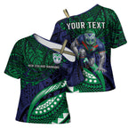 Personalised New Zealand Warriors Cross Shoulder Shirt Polynesian Tribal Art Style With Fierce Warrior Mascot