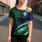Personalised New Zealand Warriors Cross Shoulder Shirt Polynesian Tribal Art Style With Fierce Warrior Mascot