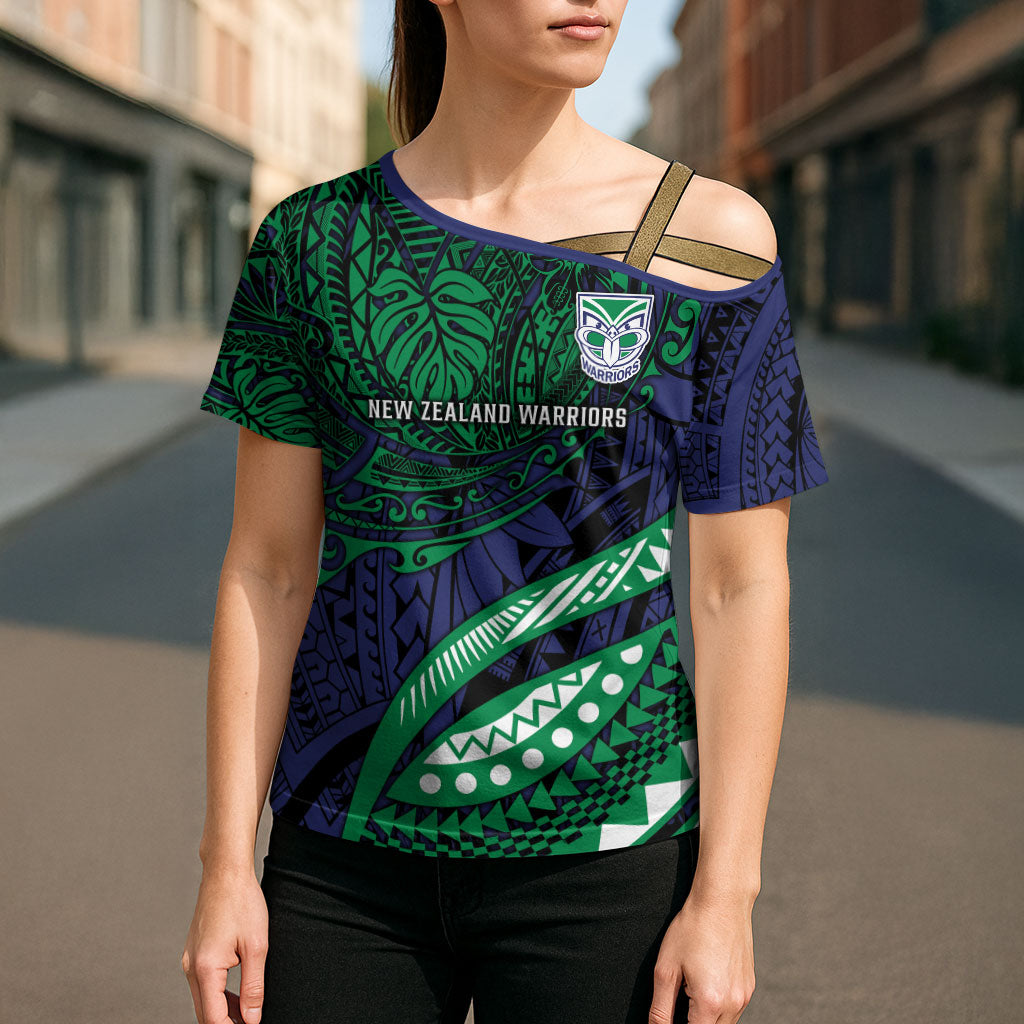 Personalised New Zealand Warriors Cross Shoulder Shirt Polynesian Tribal Art Style With Fierce Warrior Mascot