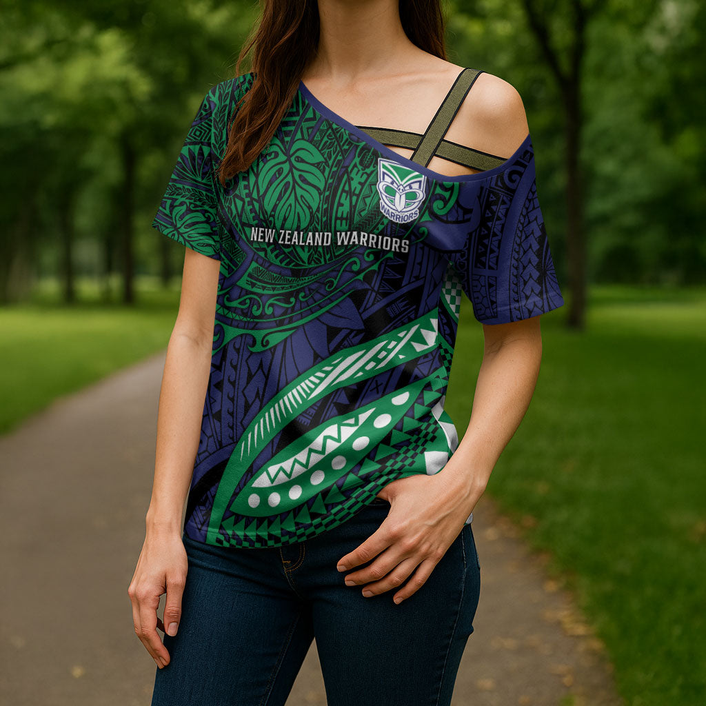 Personalised New Zealand Warriors Cross Shoulder Shirt Polynesian Tribal Art Style With Fierce Warrior Mascot