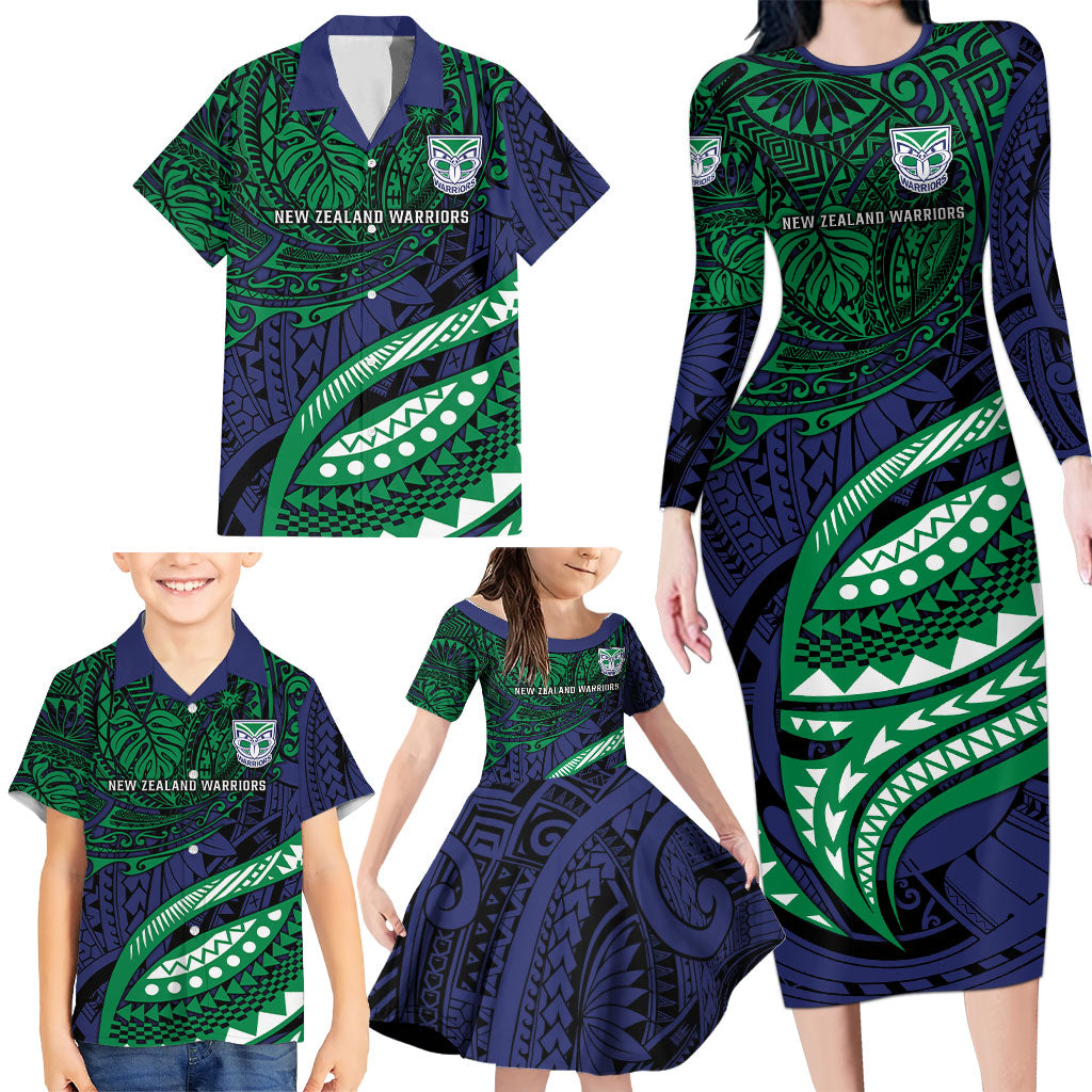 Personalised New Zealand Warriors Family Matching Long Sleeve Bodycon Dress and Hawaiian Shirt Polynesian Tribal Art Style With Fierce Warrior Mascot