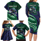Personalised New Zealand Warriors Family Matching Long Sleeve Bodycon Dress and Hawaiian Shirt Polynesian Tribal Art Style With Fierce Warrior Mascot