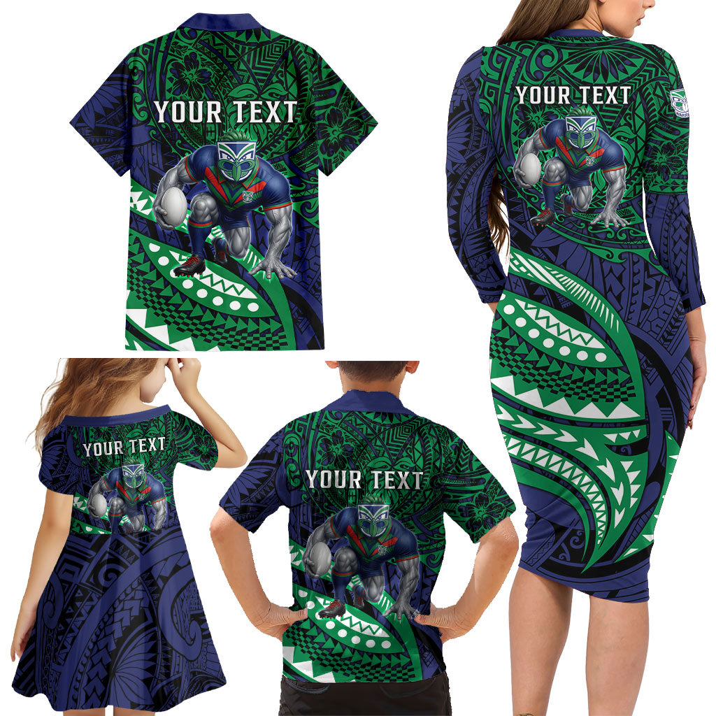 Personalised New Zealand Warriors Family Matching Long Sleeve Bodycon Dress and Hawaiian Shirt Polynesian Tribal Art Style With Fierce Warrior Mascot