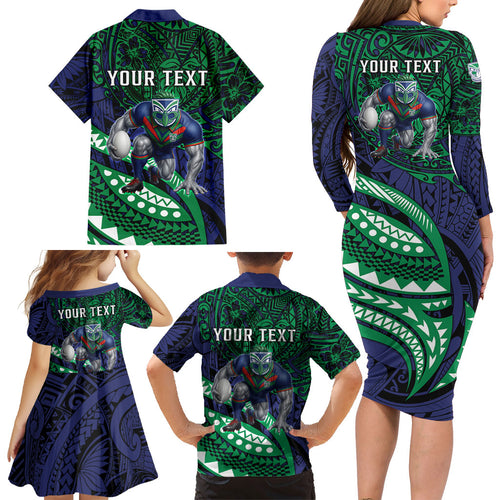Personalised New Zealand Warriors Family Matching Long Sleeve Bodycon Dress and Hawaiian Shirt Polynesian Tribal Art Style With Fierce Warrior Mascot