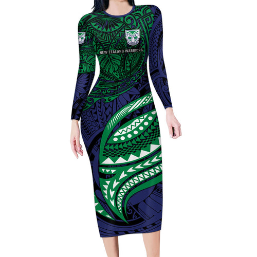 Personalised New Zealand Warriors Family Matching Long Sleeve Bodycon Dress and Hawaiian Shirt Polynesian Tribal Art Style With Fierce Warrior Mascot