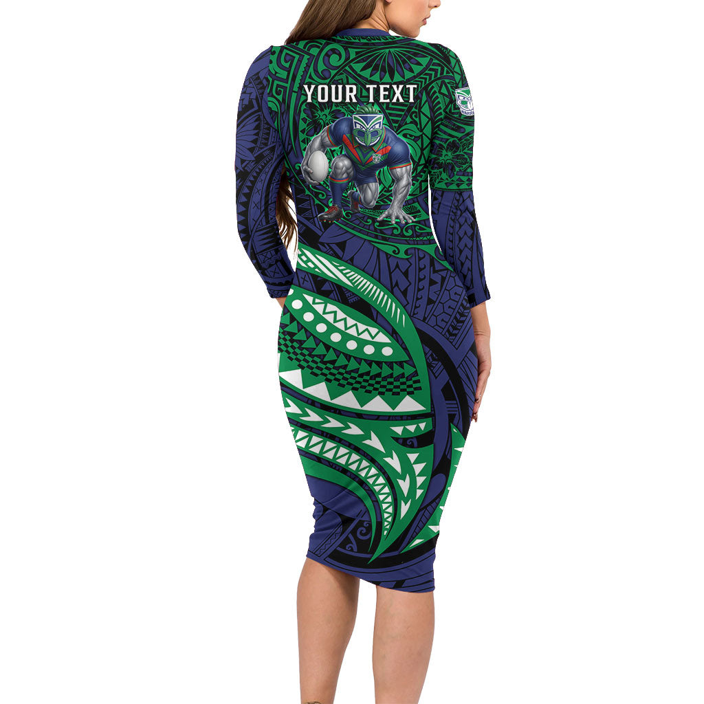 Personalised New Zealand Warriors Family Matching Long Sleeve Bodycon Dress and Hawaiian Shirt Polynesian Tribal Art Style With Fierce Warrior Mascot