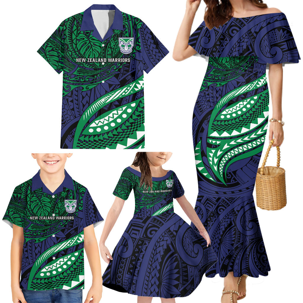 Personalised New Zealand Warriors Family Matching Mermaid Dress and Hawaiian Shirt Polynesian Tribal Art Style With Fierce Warrior Mascot