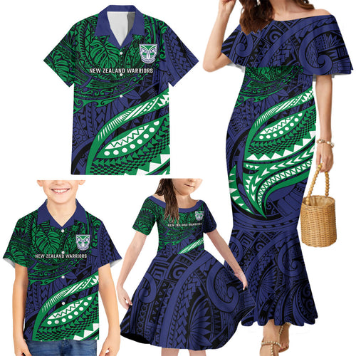 Personalised New Zealand Warriors Family Matching Mermaid Dress and Hawaiian Shirt Polynesian Tribal Art Style With Fierce Warrior Mascot