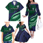 Personalised New Zealand Warriors Family Matching Off The Shoulder Long Sleeve Dress and Hawaiian Shirt Polynesian Tribal Art Style With Fierce Warrior Mascot