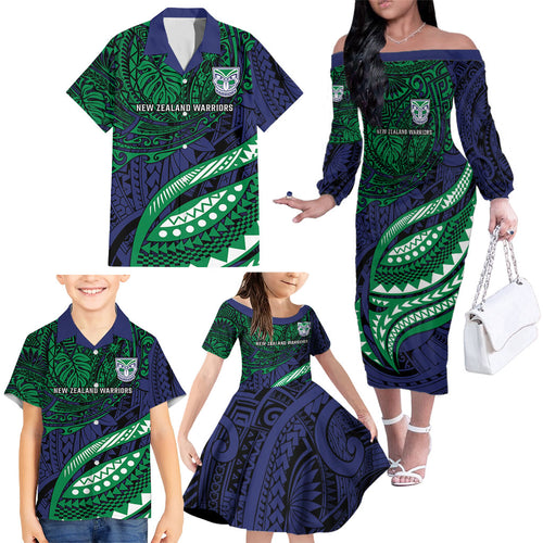 Personalised New Zealand Warriors Family Matching Off The Shoulder Long Sleeve Dress and Hawaiian Shirt Polynesian Tribal Art Style With Fierce Warrior Mascot