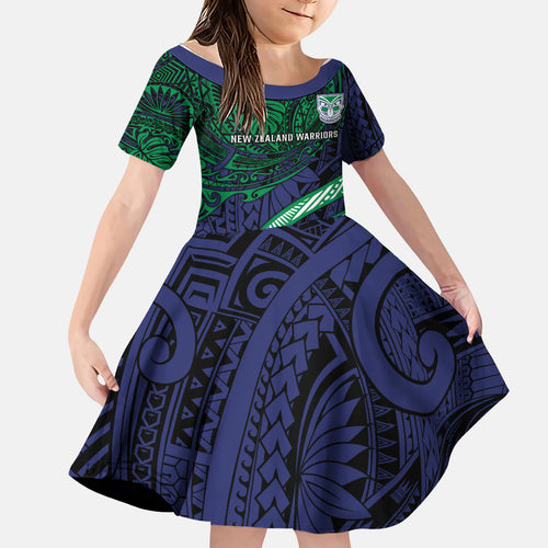 Personalised New Zealand Warriors Family Matching Off The Shoulder Long Sleeve Dress and Hawaiian Shirt Polynesian Tribal Art Style With Fierce Warrior Mascot