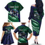 Personalised New Zealand Warriors Family Matching Off The Shoulder Long Sleeve Dress and Hawaiian Shirt Polynesian Tribal Art Style With Fierce Warrior Mascot