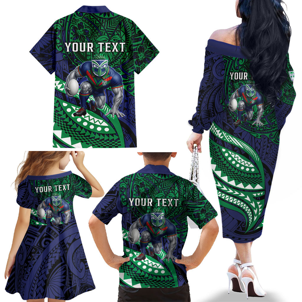 Personalised New Zealand Warriors Family Matching Off The Shoulder Long Sleeve Dress and Hawaiian Shirt Polynesian Tribal Art Style With Fierce Warrior Mascot