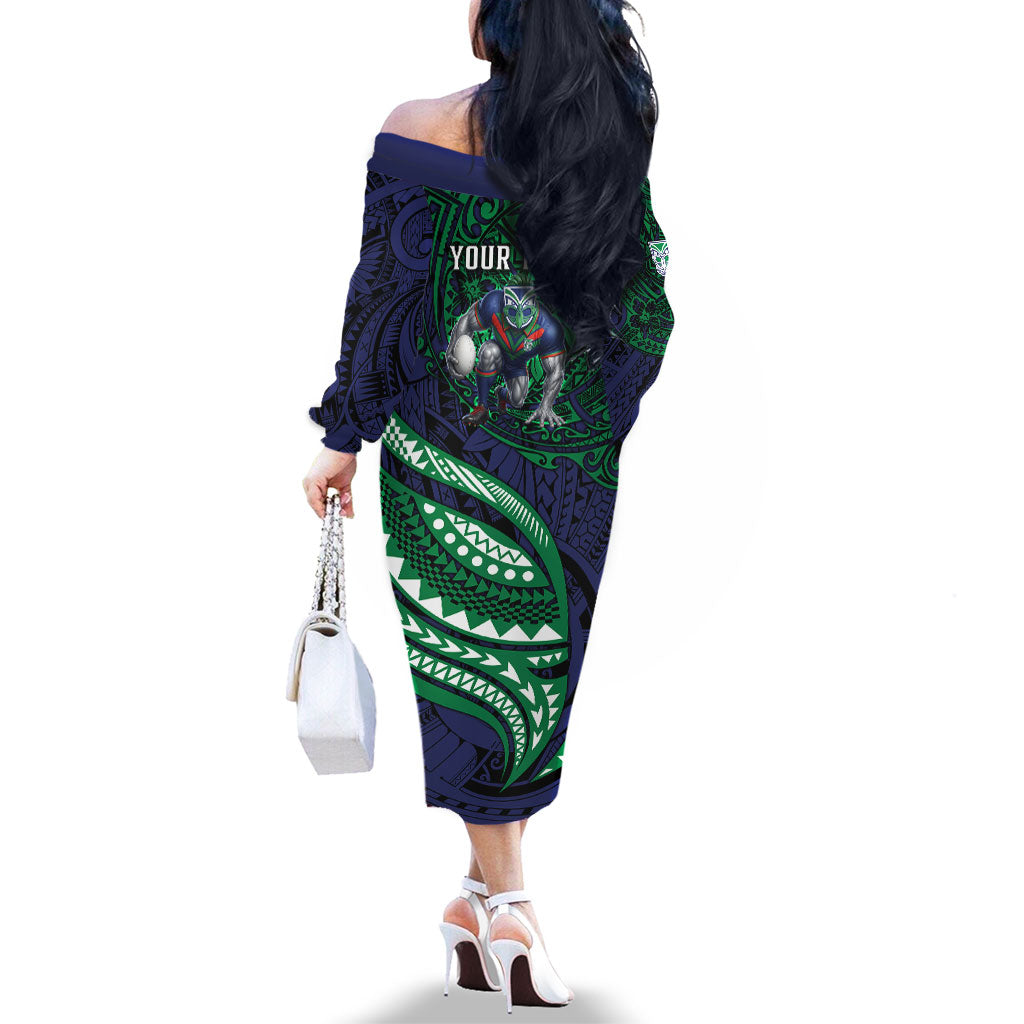 Personalised New Zealand Warriors Family Matching Off The Shoulder Long Sleeve Dress and Hawaiian Shirt Polynesian Tribal Art Style With Fierce Warrior Mascot