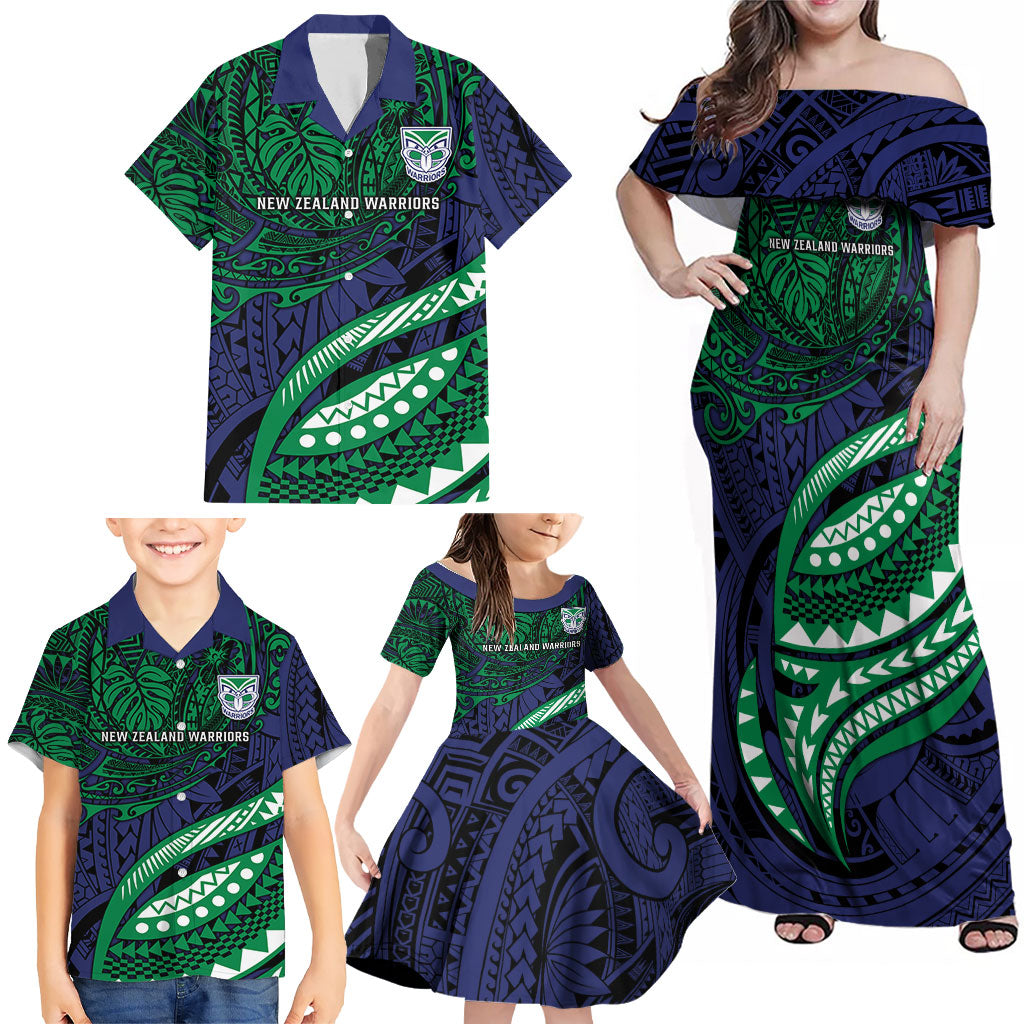 Personalised New Zealand Warriors Family Matching Off Shoulder Maxi Dress and Hawaiian Shirt Polynesian Tribal Art Style With Fierce Warrior Mascot
