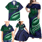 Personalised New Zealand Warriors Family Matching Off Shoulder Maxi Dress and Hawaiian Shirt Polynesian Tribal Art Style With Fierce Warrior Mascot