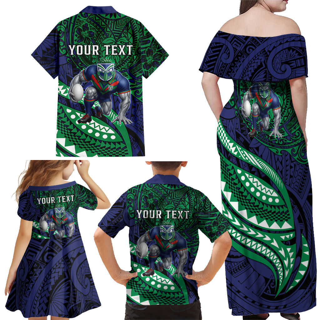 Personalised New Zealand Warriors Family Matching Off Shoulder Maxi Dress and Hawaiian Shirt Polynesian Tribal Art Style With Fierce Warrior Mascot