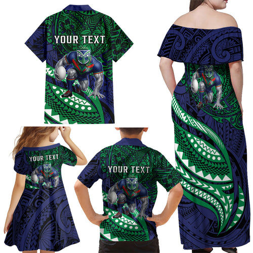 Personalised New Zealand Warriors Family Matching Off Shoulder Maxi Dress and Hawaiian Shirt Polynesian Tribal Art Style With Fierce Warrior Mascot
