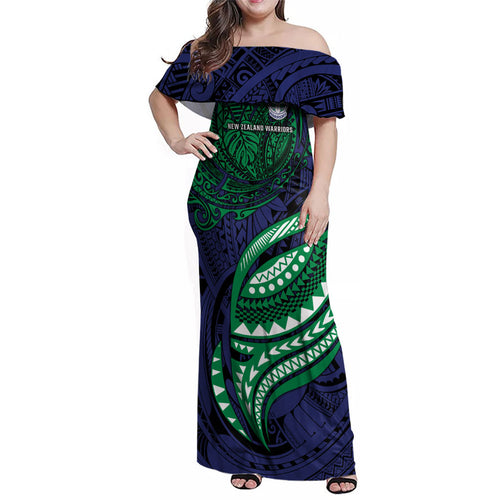 Personalised New Zealand Warriors Family Matching Off Shoulder Maxi Dress and Hawaiian Shirt Polynesian Tribal Art Style With Fierce Warrior Mascot
