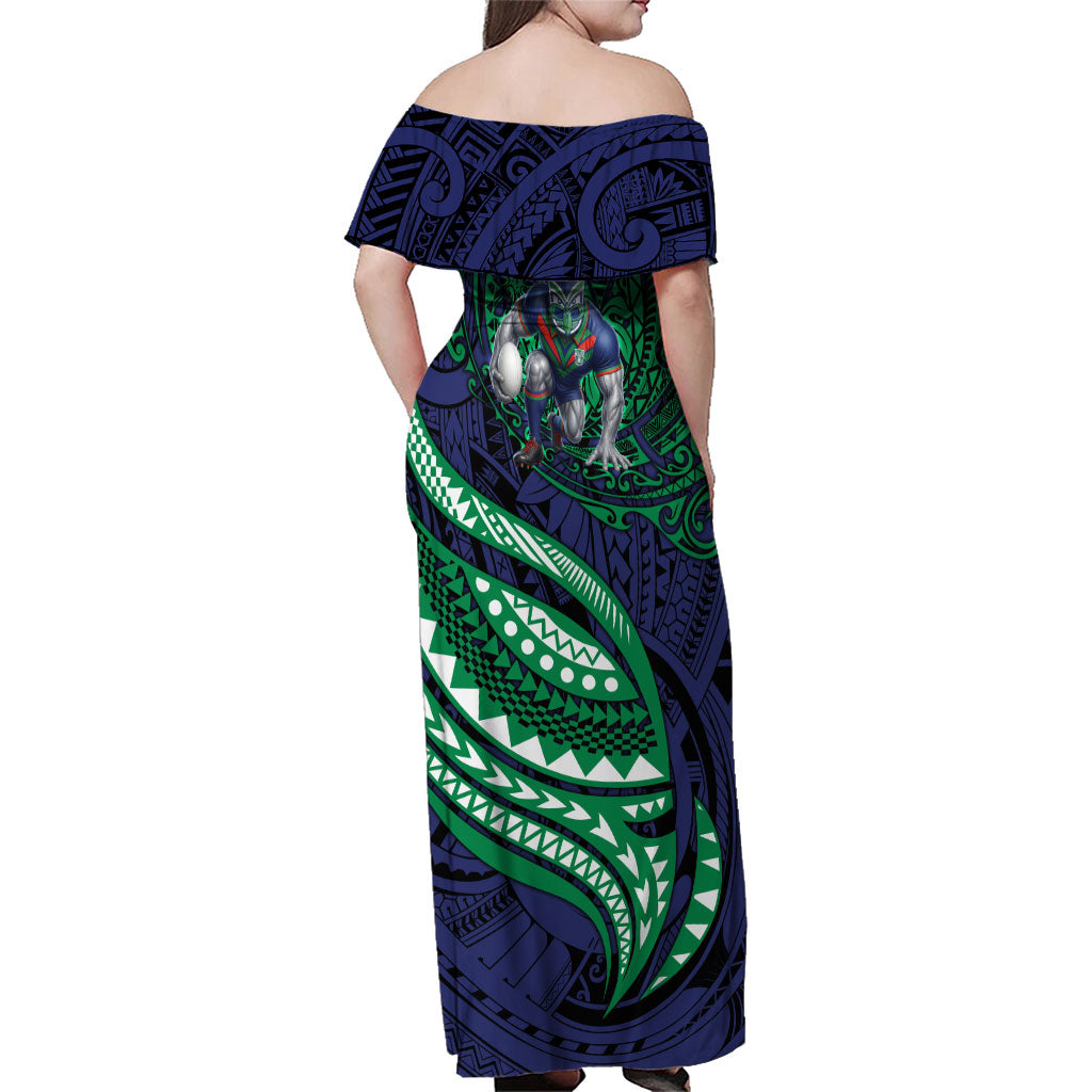 Personalised New Zealand Warriors Family Matching Off Shoulder Maxi Dress and Hawaiian Shirt Polynesian Tribal Art Style With Fierce Warrior Mascot