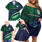 Personalised New Zealand Warriors Family Matching Off Shoulder Short Dress and Hawaiian Shirt Polynesian Tribal Art Style With Fierce Warrior Mascot