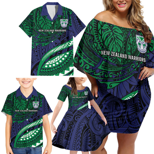 Personalised New Zealand Warriors Family Matching Off Shoulder Short Dress and Hawaiian Shirt Polynesian Tribal Art Style With Fierce Warrior Mascot