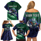 Personalised New Zealand Warriors Family Matching Off Shoulder Short Dress and Hawaiian Shirt Polynesian Tribal Art Style With Fierce Warrior Mascot