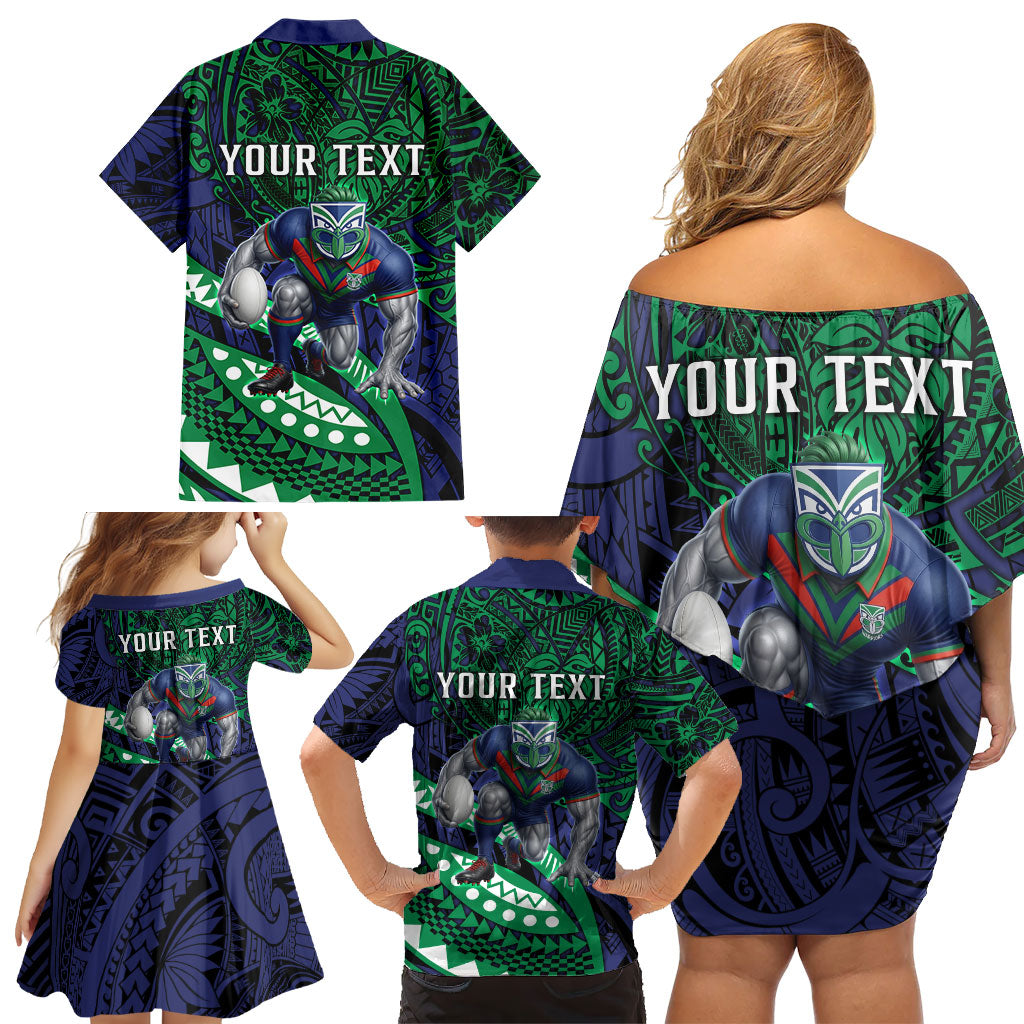 Personalised New Zealand Warriors Family Matching Off Shoulder Short Dress and Hawaiian Shirt Polynesian Tribal Art Style With Fierce Warrior Mascot