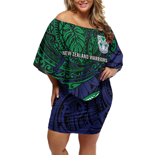 Personalised New Zealand Warriors Family Matching Off Shoulder Short Dress and Hawaiian Shirt Polynesian Tribal Art Style With Fierce Warrior Mascot