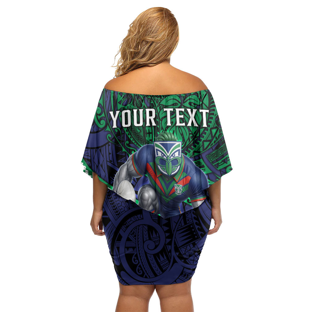 Personalised New Zealand Warriors Family Matching Off Shoulder Short Dress and Hawaiian Shirt Polynesian Tribal Art Style With Fierce Warrior Mascot