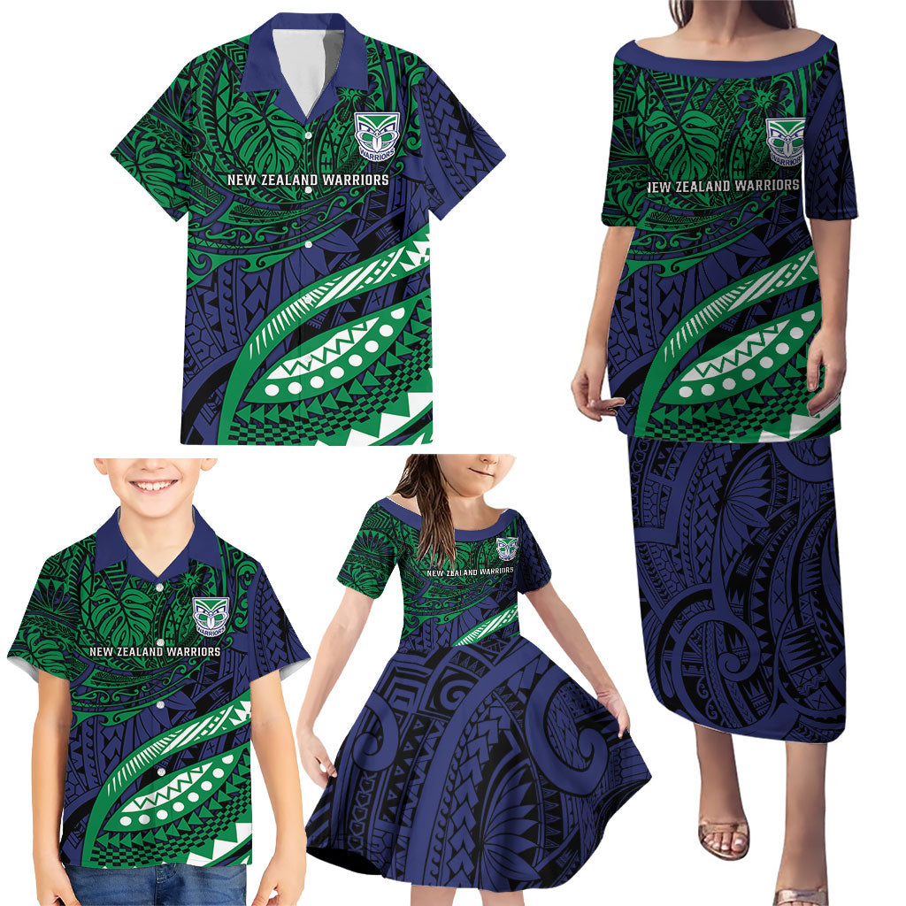 Personalised New Zealand Warriors Family Matching Puletasi and Hawaiian Shirt Polynesian Tribal Art Style With Fierce Warrior Mascot