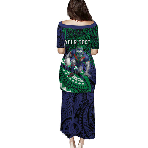Personalised New Zealand Warriors Family Matching Puletasi and Hawaiian Shirt Polynesian Tribal Art Style With Fierce Warrior Mascot